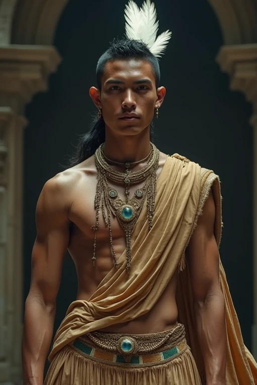 masuter piece、well built、jefri nichol a javanese Male、Age 15、Hot Guy、lite moustache, muscular、macho、wearing majapahit kingdom costume, gold head band, gold shoulder band, gold necklace, gold crown, hair bund,  long-haired、Fade Cut、bodybuilder, Large body、low angles、Real texture、wear sarong batik,