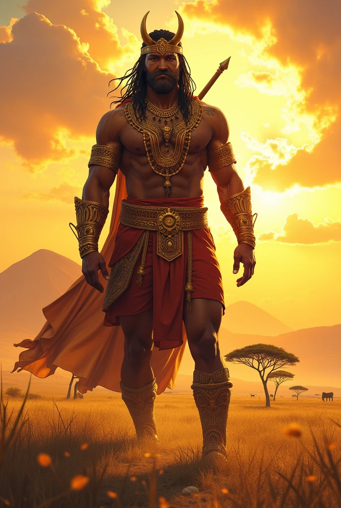 Un guerrier noir africain debout entre deux forces : d’un côté, une lumière apaisante, de l’autre, des flammes destructrices, le doute dans ses yeux.