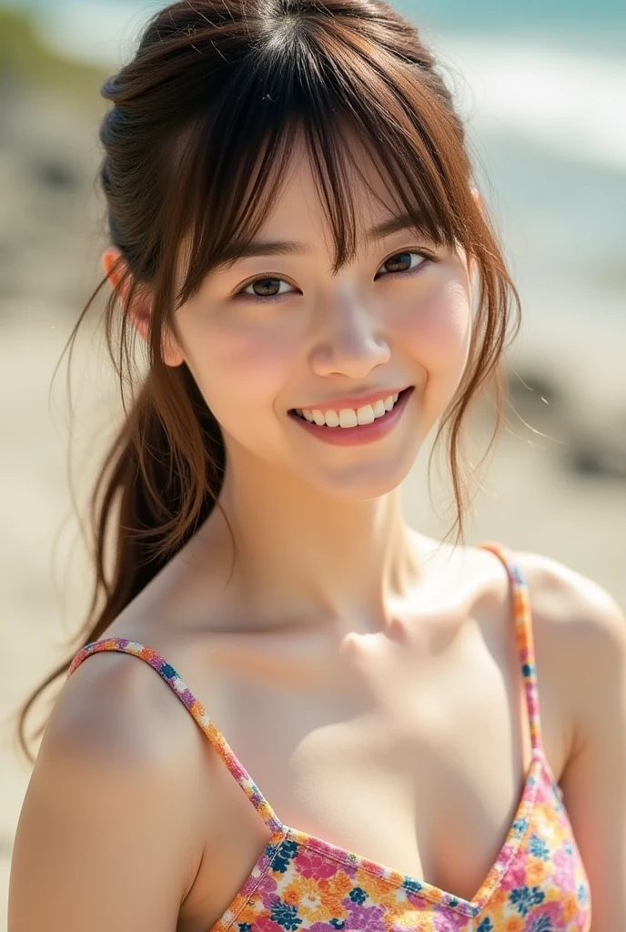 (masterpiece:1.3), (8k, Photorealistic, RAW Photos, Best image quality: 1.4), Japanese Mature、(Random hairstyle:1.2,)、Super detailed face、Pay attention to the details、double eyelid、Beautiful woman:1.4、Brown ponytail、Highest quality、masterpiece、(Photorealistic:1.4、Me in the hot spring、Japanese middle-aged woman、Very large breasts、Red triangle bikini)、Highly detailed and professionally lit smile、thin、Close-up of a smiling face、