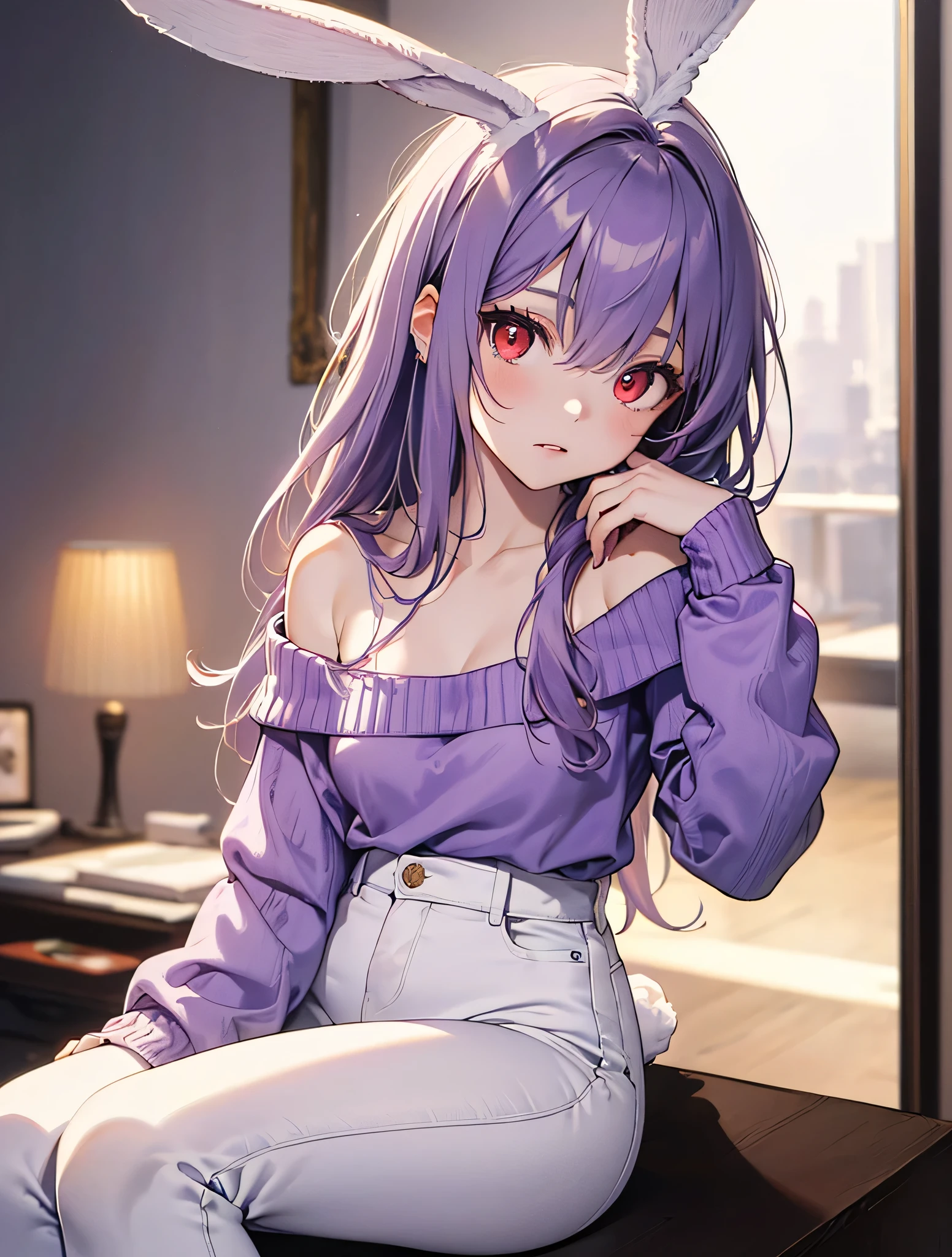 (masterpiece), (HDR), absurdres, (best quality), (ultra high quality), (hi-res), (1girl), slim, (lavender eyes), beautiful detailed eyes, teen, (dark purple hair), bangs, short side locks, (((big thick twintails))), (long straight hair), (((two gold hair ties))), ((loose t-shirt)), jeans, (medium ), ((thin waist)), (happy expression), smile, (looking at viewer), sitting on bed, comfy bed, in a girl's bedroom, cozy bedroom, stuffed animals, plushies, ((owl stuffed animals)), daytime, sunlight on face, noon, bright sun, comfy