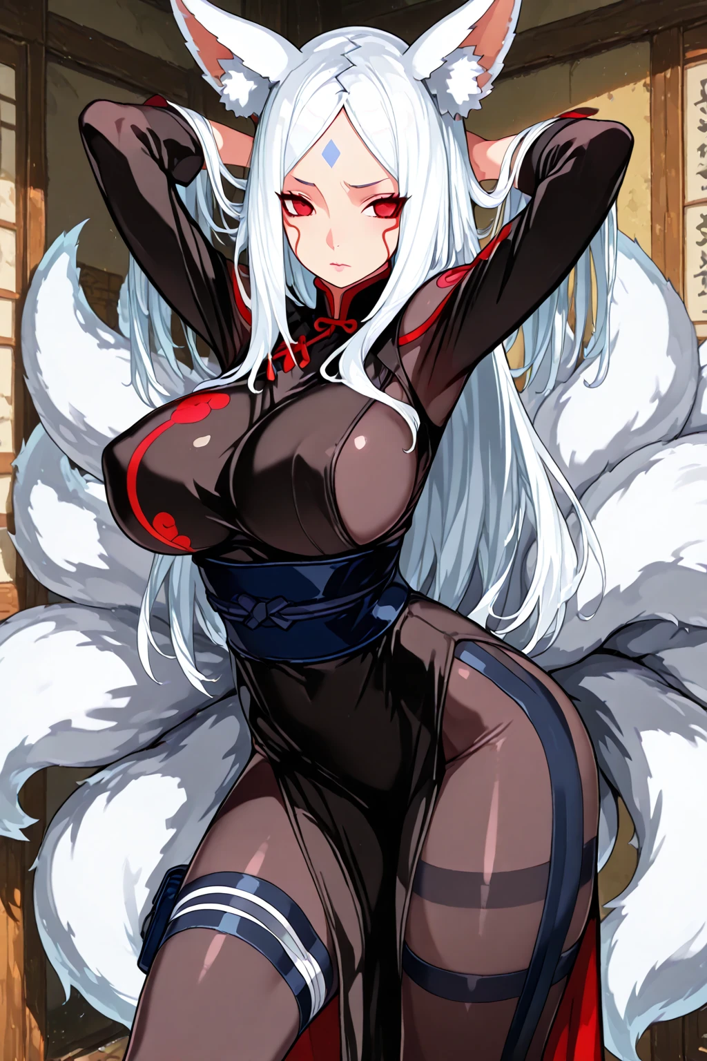 masterpiece, best quality,  kitsune 1girl, solo, beautiful kitsune woman, fox ears, bangs, white hair, very long hair, blue eyes, grin, , black choker, shoulderless kimono, white kimono, long kimono, blue sash, 5 fox tails, white hair, looking at viewer   