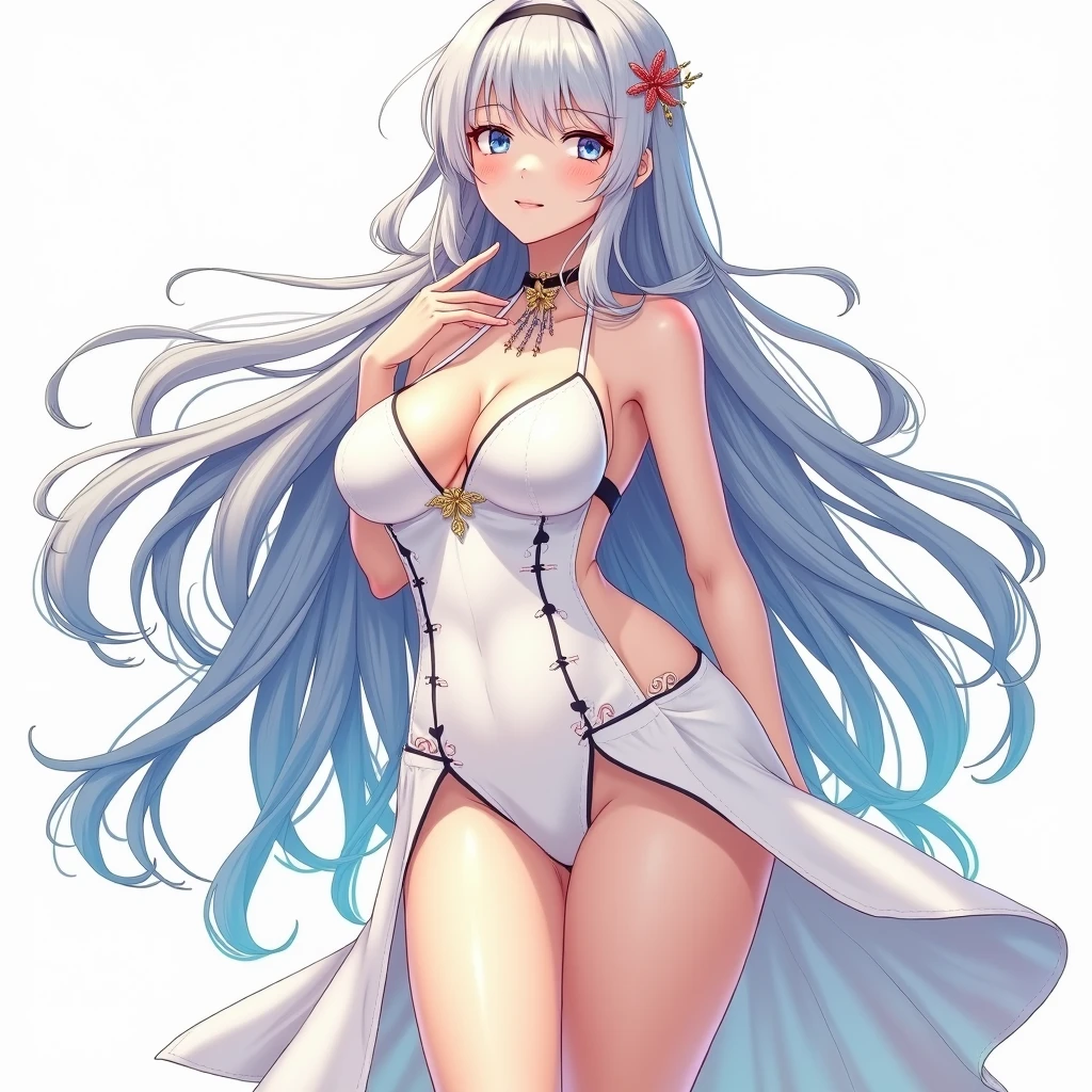 Anime art style. A colorful but mostly white haired goddess. A fit body with big breasts, hips and butt but thin waist