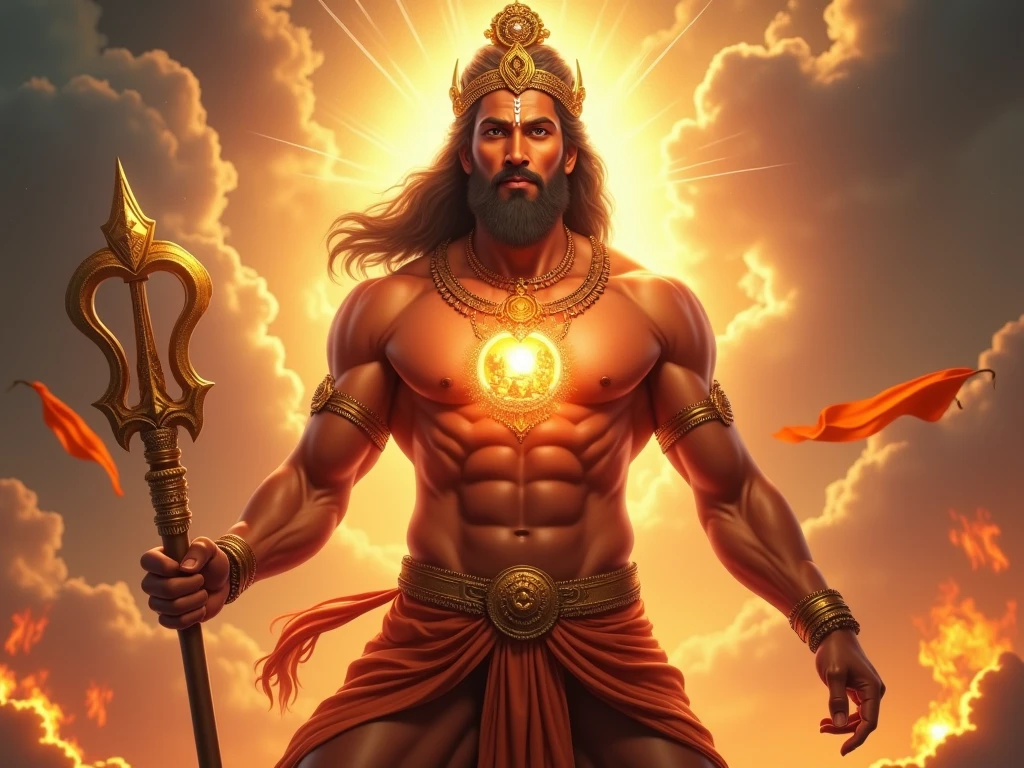 "Create a high-definition image of Lord Hanuman and mix monkey face. Full HD image, standing on a large rock or stone. He is depicted as a powerful and divine figure, with a muscular physique and a determined expression. Hanuman mix monkey face's right hand firmly holds his iconic mace (gada), while his tail is wrapped around his left hand. His body is adorned with traditional ornaments and clothing, including a golden crown. The background should reflect a celestial or spiritual environment, with a warm, glowing aura surrounding Hanuman, highlighting his divinity. The overall scene should capture the strength, courage, and devotion associated with Lord Hanuman."
