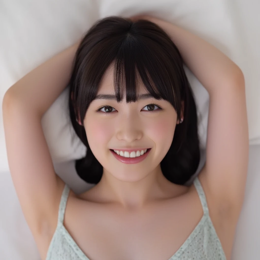masutepiece, Best Quality, 8K, 10yaers old, Teen, Raw photo, absurderes, award winning portrait, Smile, Solo, Idol face, Delicate girl, Upper body, Digital SLR, Looking at Viewer, Candid, Sophisticated, Thin arms, Professional Lighting, Film grain, chromatic abberation, (Eyes and faces with detailed:1.0), (Bokeh:1.1) , Distant perspective , bed , laying on back , Perspective from above , closes mouth , tennis uniform , A dark-haired , dishevled hair, Average-sized ???????