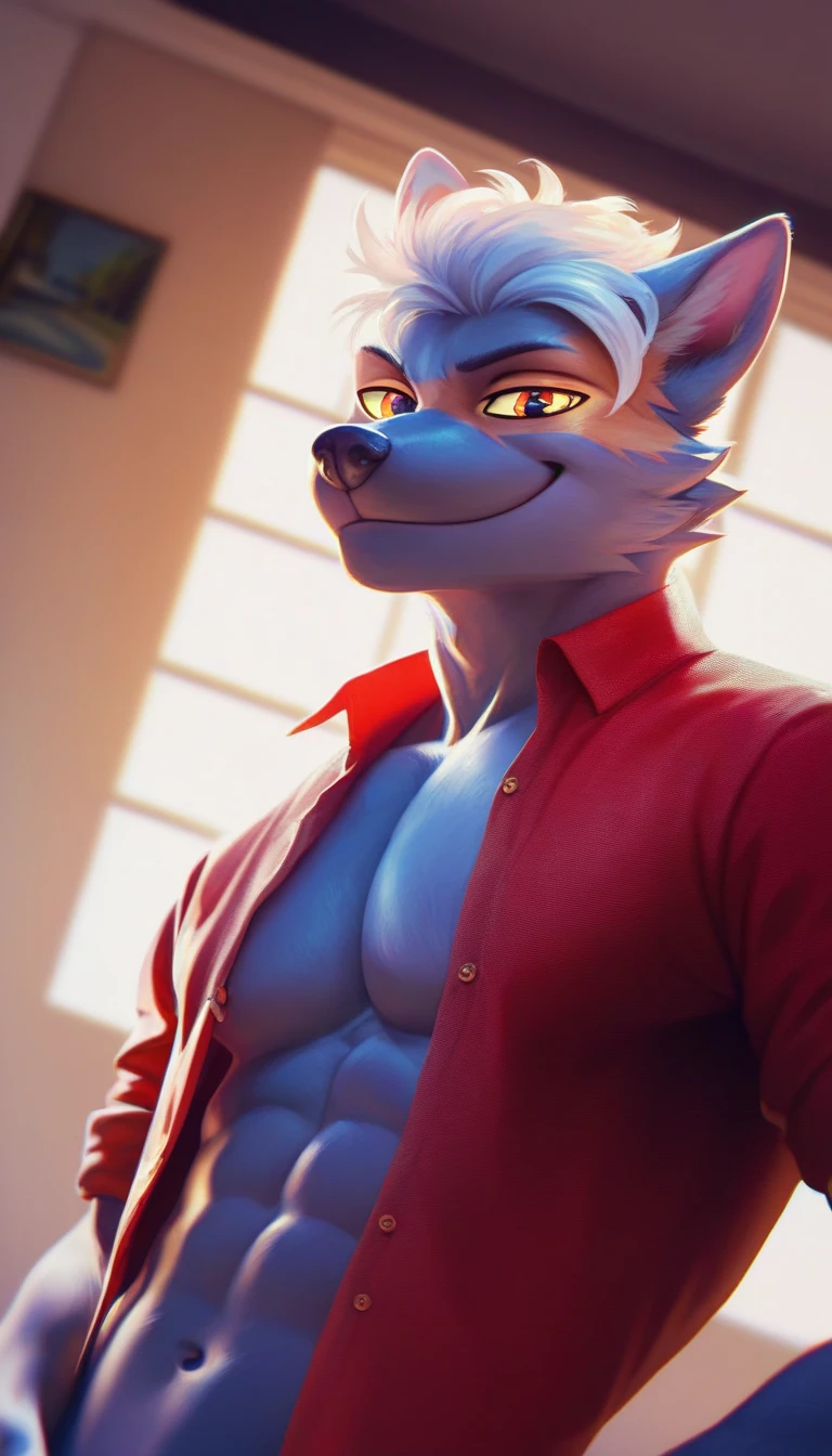 anthro, (dragon/fennec hybrid), ((hybrid)), ((black fur)), white star shaped marking on nose, standing, solo, blue eyes, presenting , white canine , knot, black pupils, photorealism ,by zaush, by ruan jia, by jay naylor, by nuzzo, by disney, by pino daeni. (4k), HD, quality, looking , black pupils, photorealism , bedroom setting, night time, (4k), HD, quality