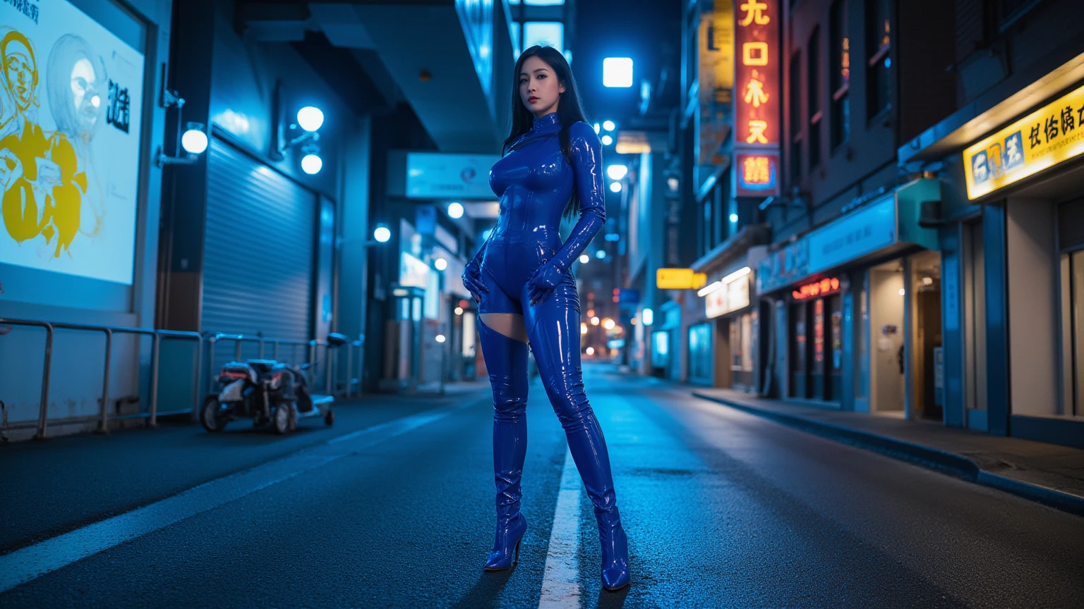 (masterpiece), (solo character), (best quality), (young woman), (epiCRealLife), (European model), (JenniferConnelly90s), (photorealistic:1.4), (Psylocke  costume), (Psylocke leotard expose shoulder), (purple hair), (blue eyes), (Psylocke hairstyle), (gloves), (elbow gloves), (red belt), ( shoulder), (large breast), (photoshoot), (at night time), (night city view),(natural light), (city rooftop), (look at viewers), (squatting), (psylocke boots), (different camera angle shots), (flash photography)