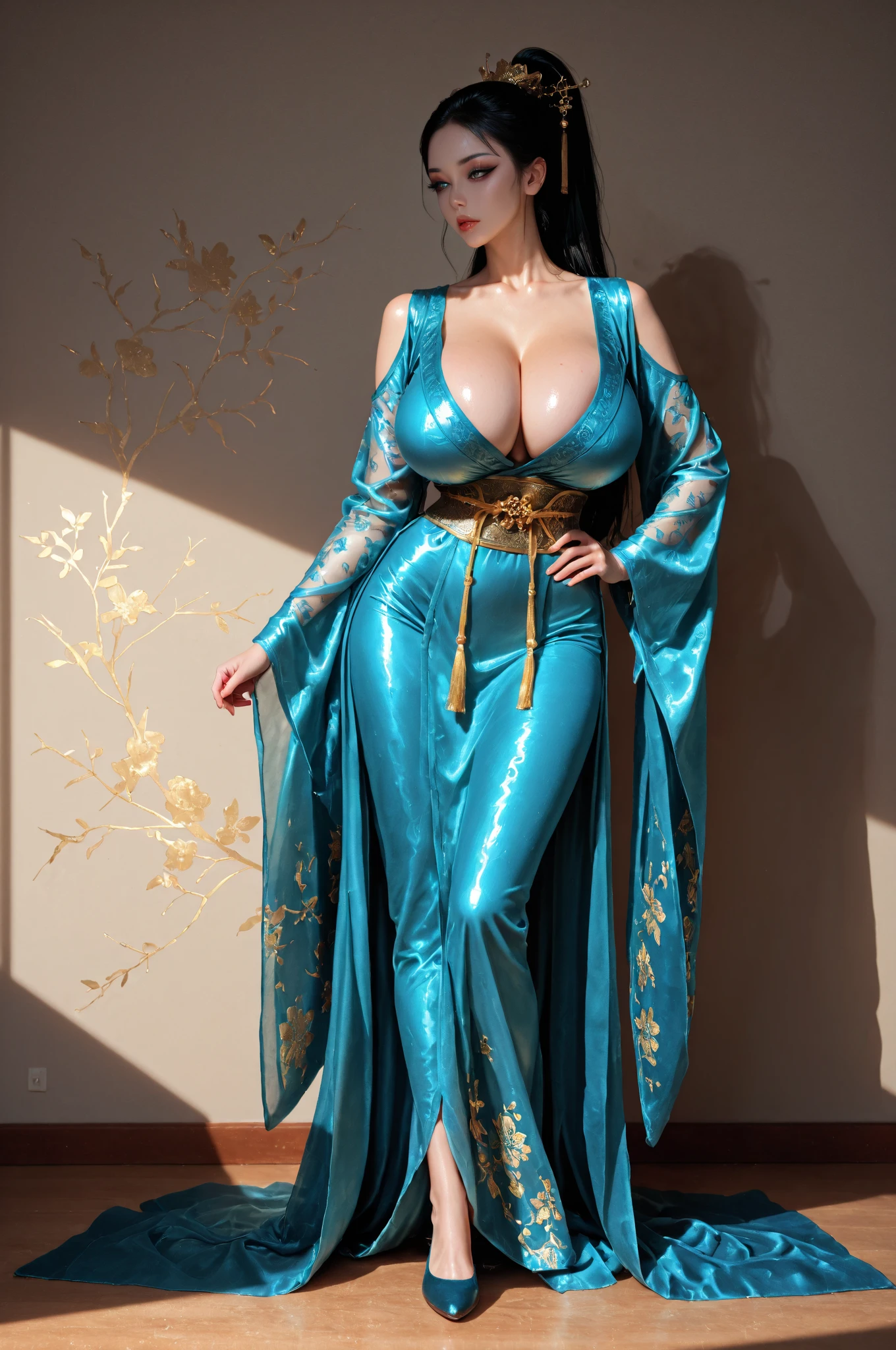 A surreal close-up photo of Adriana Lima, masterpiece, Highest quality, (Realistic:1.4), whole body, (A glossy blue long evening dress that completely reveals her large cleavage..2), Sitting on a bed in a luxurious bedroom, Cinematic Light, Beautiful woman, 写真 ああ whole body人物, skinny, Super big breasts,天然の垂れたSuper big breasts, Black hair (Long Hair:1.2), Detailed face, smile, To the camera, A photo taken from a distance of her sitting on the bed and smiling at us., 18歳のSuper big breastsな美女