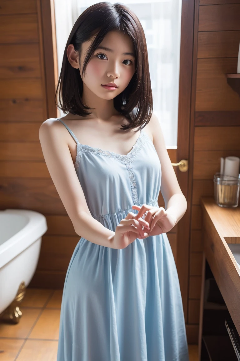 Highest image quality、masterpiece、sleeping girl、21 years old、real、、C cup breasts、blue 、Sexy blue 、wear small size 、smile、light brown hair、short cut hair、((Highest image quality、8K、masterpiece:1.3))、、Photorealistic Superwoman、muste piece、bathrobe、