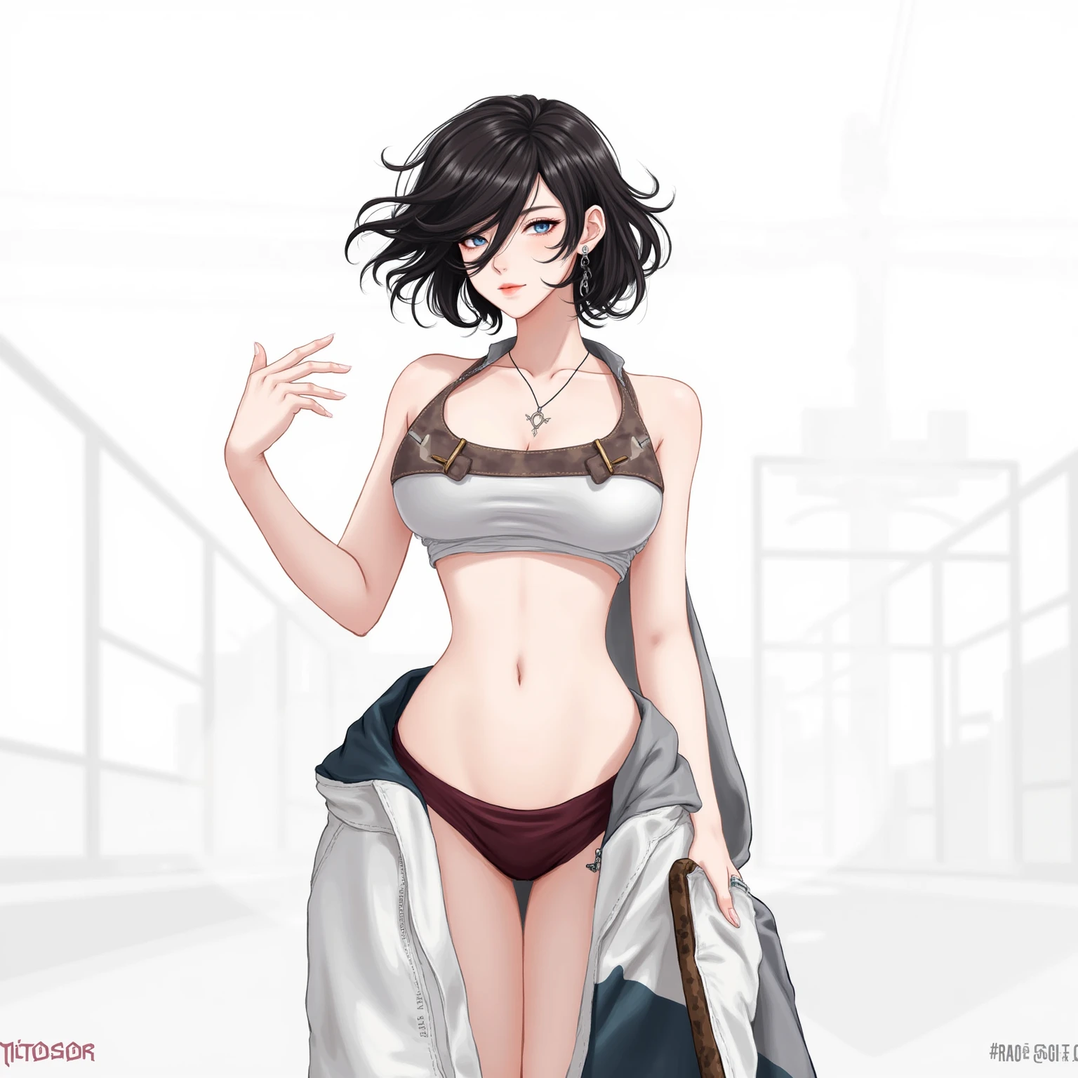 short black hair，Wear a bikini，Full body，barefoot，standing。pure white background