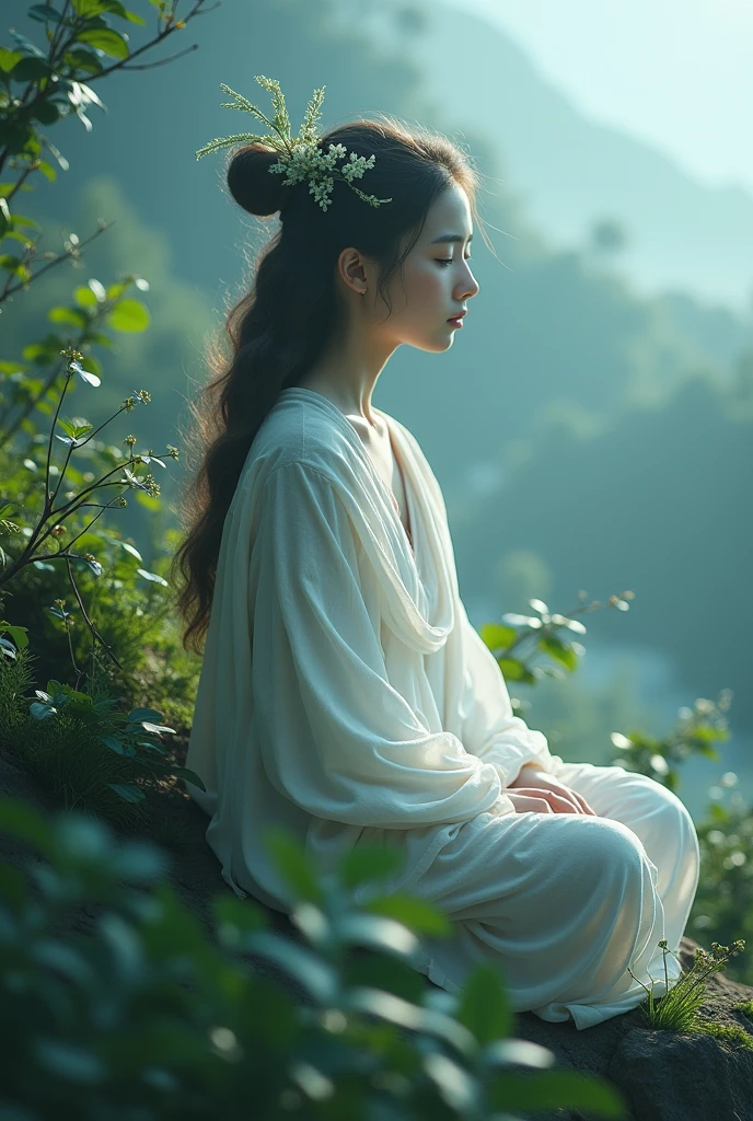 (view , A young female monk ( silhouette:1.3), Meditation on a mossy tree in the forest, White soft flowing dress, Create a fantastic atmosphere, A wonderful interweaving of light and shadow, With a tranquil forest as the background, Bokeh, Shallow depth of field