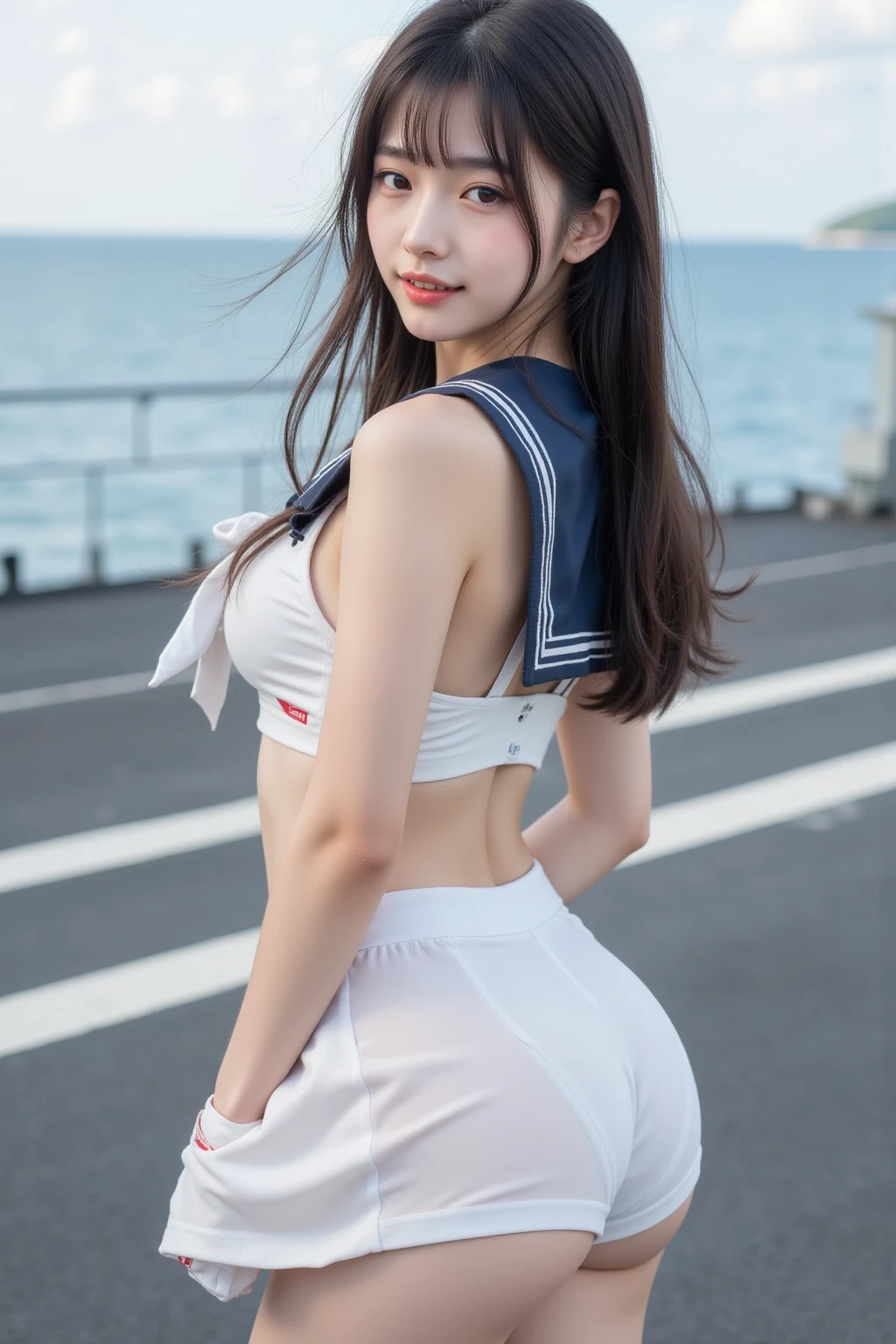 On the deck of a luxury cruise ship，mast，buoy，Pose for photos in loose sailor suits and short skirts，Slim girl model，ff Tifa，24 years old female model，double-ponytail，Unilateral bangs，