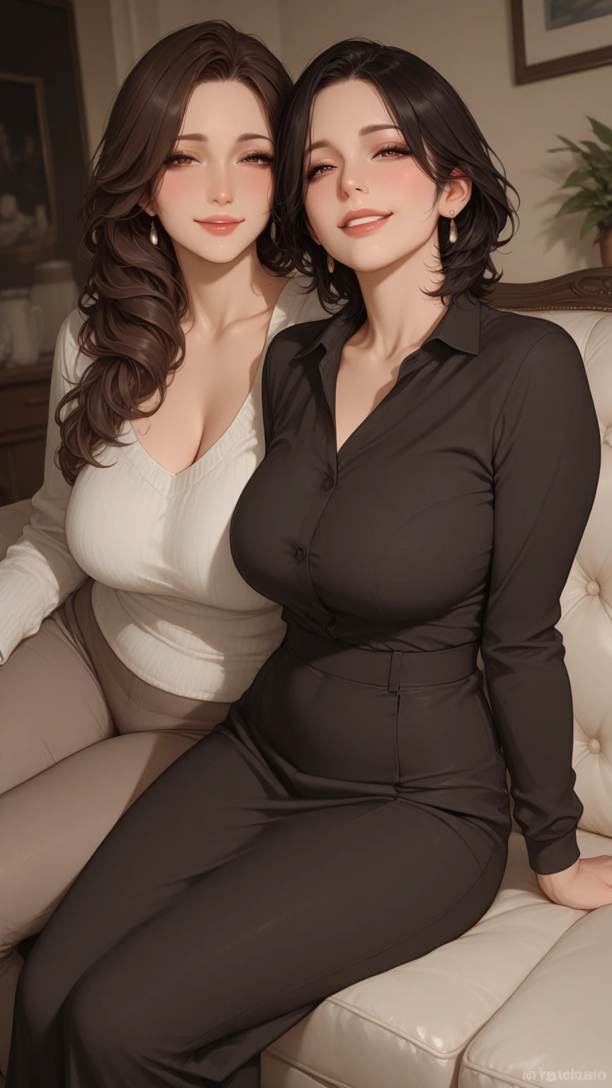 Two Girls, Adult women, 2 people,40 years old、 Long Hair, Huge breasts ,Super big cleavage,Mature Woman , necklace, , Realistic, Sexy knitwear、Skinny jeans、Grey knit