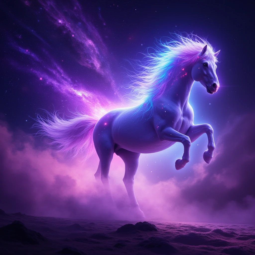 Half human, half horse holding a bow. The background is a purple supernova universe.