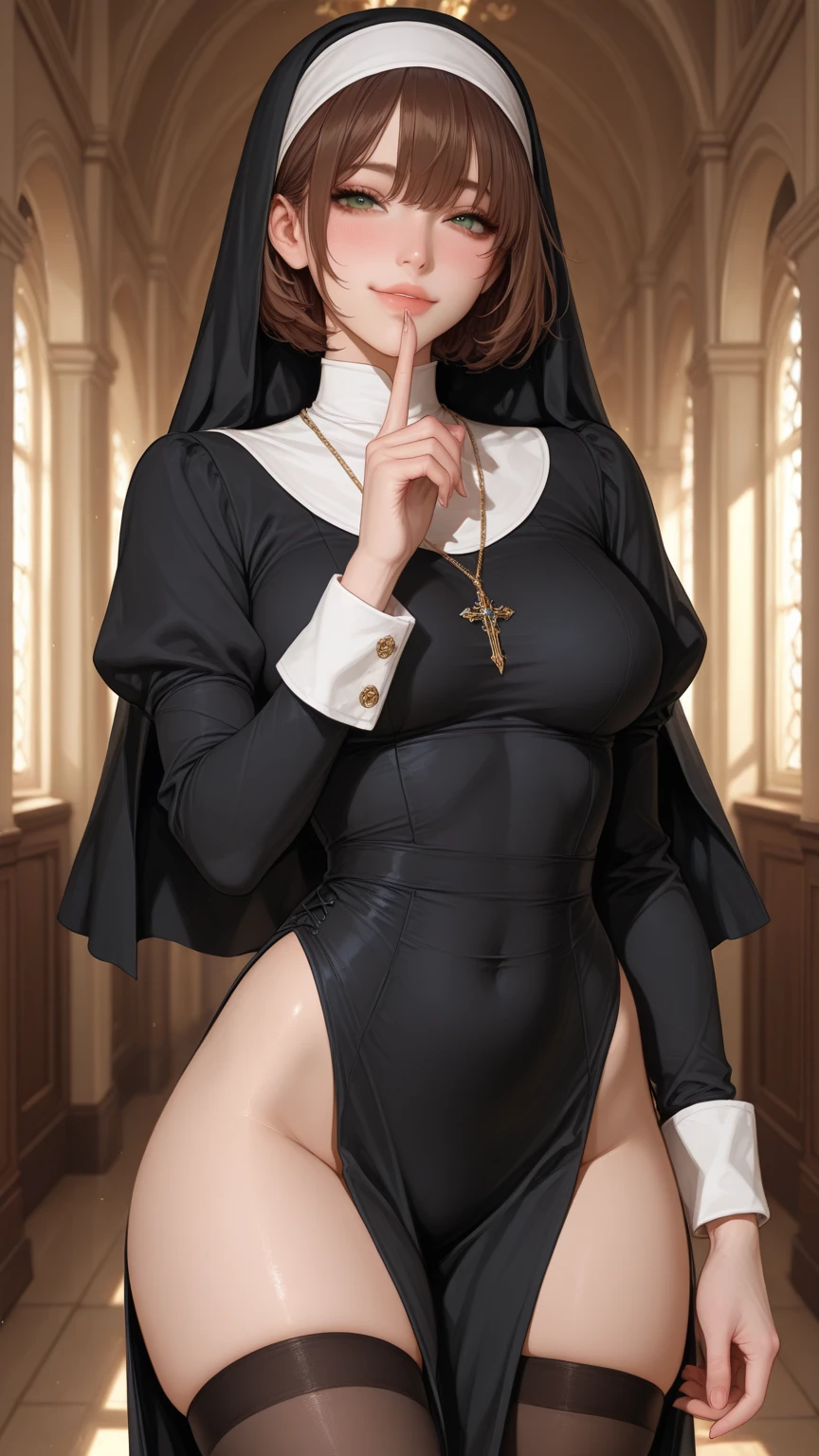 realistic, 1girl, nun, praying, gorgeous body, pantyhose, dynamic angle, 8K FHD, sitting, , can dynamic