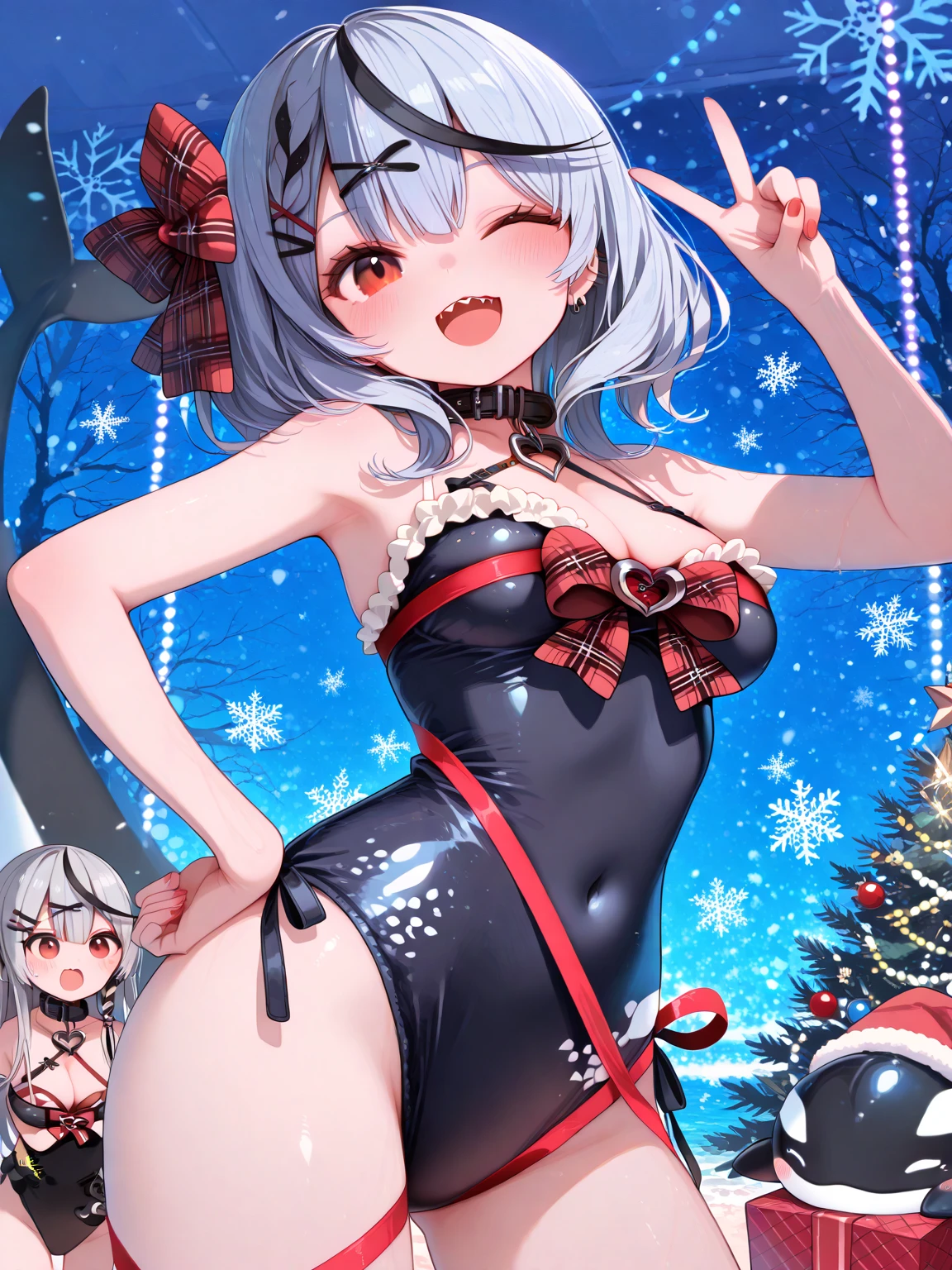 ((2D beautiful girl、top-quality、Perfect Finger 1.5、Perfect  1.tremely delicate and beautiful illustration))、(Blur the background：1.3、(transform sequence)、((santa leotard))、14years、(beautiful slender girl)、Fractal Art、baby-face、((stright long hair))、Beautiful big drooping eyes：1.1、Small, open-mouthed smile、(Full body depiction：1.1)、（1 persons）、Christmas Party、Cat's ears、leotard、christmas leotard、（tights）、