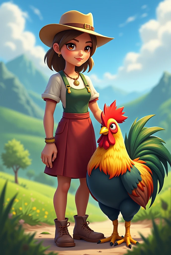 A red headed woman, around 21-2, just graduated in Agricultural engineering. She where's an overall with a t-shirt with sred stripes on, she has a cowboy hat on with "fazendinha.me" logo on. She is holding a chicken, while she is standing up in fronta . She is Thin, she has dark eyes, and she is smiling. She os a latin youngwoman