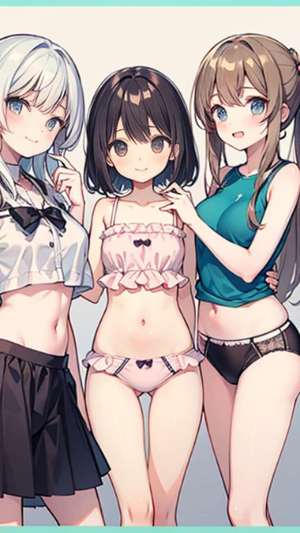 Very detailed, Highest quality, High resolution, Moe Anime, ((Three little girls in their ?????????:1.2)), (Black Hair:1.4), (Baby Face), ((round face:1.4)), Cute eyes, Detailed eye depiction, Eyes sparkling, Dark eye color, View your audience, Pale skin, (Big eyes:1.4, Droopy eyes:1.4, Torogao:1.4), Focus on the face, In the park with cherry blossoms falling, ((The lower half is ?????)), ((See-through lace bra)), Bright Eyes, ((??????? are visible through the fabric)), ((Petite)), ((Young)), ((????:1.3)), (Flat ?????:1.5), ((Different braided hairstyles:1.4)), (A big smile:1.4), (Slightly below:1.4), ((Different bangs:1.2))