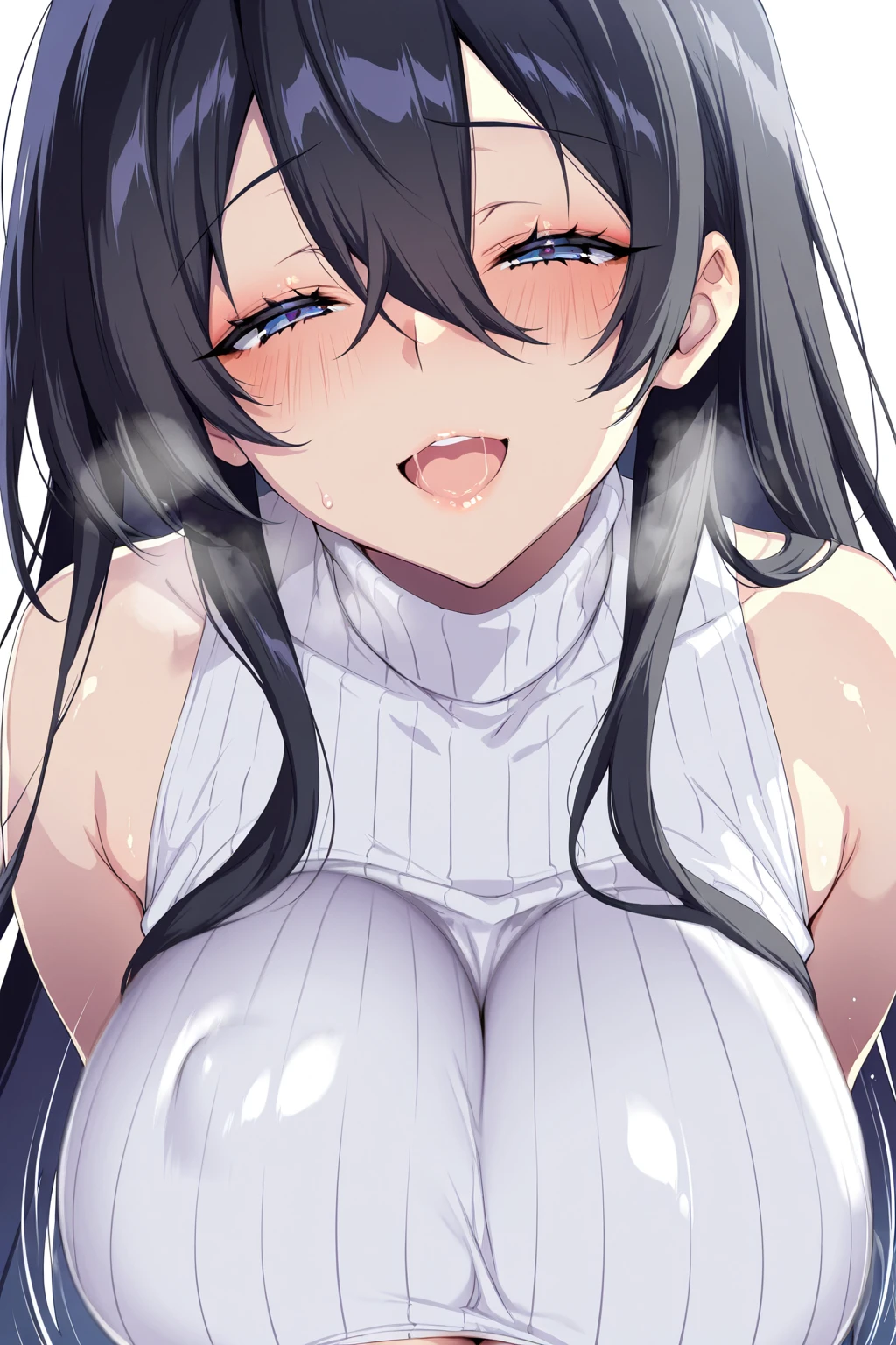 (masterpiece), best quality, (warm color), (warm lighting), expressive eyes, beautiful elegant face, drunk expression, ((Sakurajima Mai)), black hair, gigantic round ???????, bangs, long hair, blue eyes, hairclips, bunny hairclip, playboy bunny ears, 1 girl, looking at viewer, in bedroom, warm skin tone, solo, blushing, sensual pose, ????, hourglass figure, smug expression, cleavage, small perky ???????, muscular shoulders, muscular arms, excessive ??? all over body, excessive ??? on her ???????, (??? on her face), long thick strands of ???, (fit body:0.58), (defined midriff:0.6), (narrow waist:0.16)