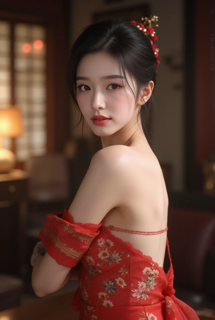 ((((8k))),((Extremely meticulous CG)) ,(wallpaper),16k,((Extremely refined and beautiful)),(((Masterpiece))),(((best qualtiy))),(((Ultra High Resolution))),beautiful light up,Perfect lightning,realistic shaded,[A high resolution],(Smooth and flawless fair skin:1.5),(pale skin:1.3),Extremely exquisite  details,(perfect body:1.1),ultra-detailed,A beautiful girl,(small head:1.2),(bun hair:1.3),(small face:1.2),Exquisite makeup,(close eyes:1.5),(small breasts:1.2),(flat chests:1.2),(slim,thin),happy,(smile:1.2),(collar:1.2),(Gorgeous red robe:1.5),(red hakama:1.2),(night scene:1.5),(indoor:1.2),(In a luxurious Buddhist temple hall:1.5),(bright lights:1.2),(detailed background:1.5),(Sitting cross legged upright on a lotus flower:1.3),(Devoutly praying:1.3),(meditation:1.3),(In front of the Buddha statue:1.3),(upper body:1.3),(from back:1.3),(Smoky:1.3),