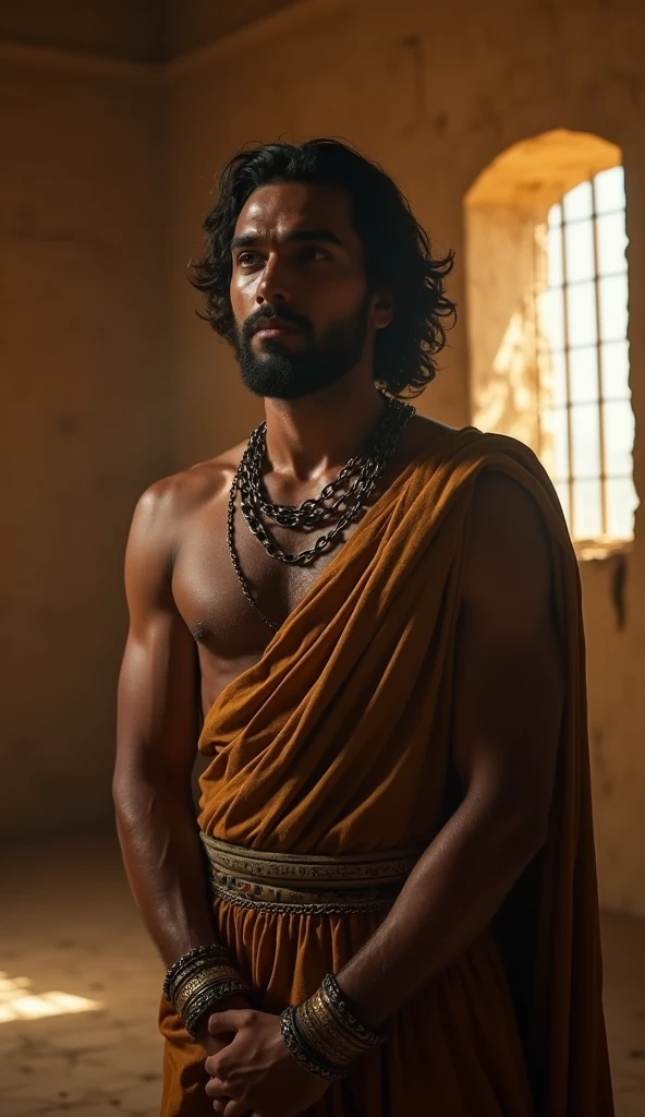 King Ashoka: Dressed in traditional robes, deep in thought, amulet in hand.