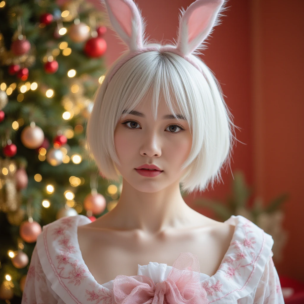 masterpiece, best quality, 1girl, White hair, red eyes,   head band, short hair,blush,solo,beauty,girl,photorealistic,(),standing,(),slender, pose