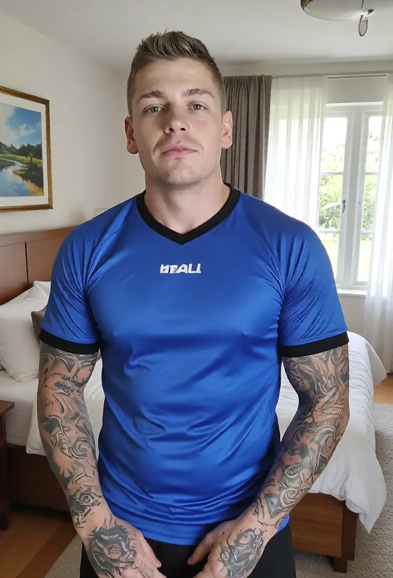  , ((Highest quality, 8K, Masterpiece: 1.3))、Thailand Laos Burma Asia, Thai man, A handsome Asian rugby player with short hair, a muscular beard, and big muscles., １A man who has、 yo、Good appearance、Beautiful nose、smile、 Detailed eyes and face、beautiful light、(studio)、high resolution、（Look at the viewer.）、Fine mouth、smile、whole body: 1.5, perfect shape: 1.3, Picture of both shoulders:1.3, Navy blue round neck t-shirt:1.5 , ( very long big : 1.2),(Big testicles),(Erection of the : 1.2)