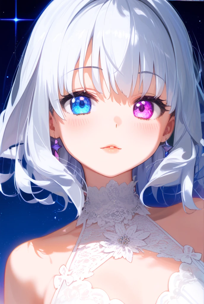 White Hair、Pink Eyes、Short Hair、laughing、Only one girl、alone、Cute、Face is close、Night、laughing、At the bed、Blushing、、Stick your  out、Only one person、Sweating、Excited