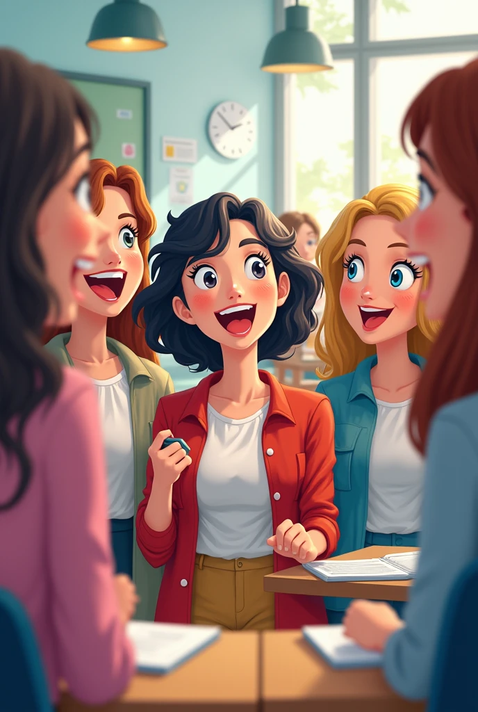 Kindergarten teacher with very big breasts teaching in a white  