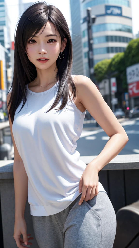 looking at viewer, Full body , standing, from front view,   on road, Japanese Girls ,(20-year-old),(Detailed face, Beautiful Eyes, bangs ,Light brown straight hair, Faint lips), (Middle , Slender Hoist, Middle Hip, Little public hair) ,White Tank top, blue denim hot-pant,  shoes, ,  on road, Tokyo city,  (masterpiece, highest quality, High resolution, Photo realistic, sharp, RAW Photos, 8k wallpaper, perfection, Professional Lighting, Very detailed)
