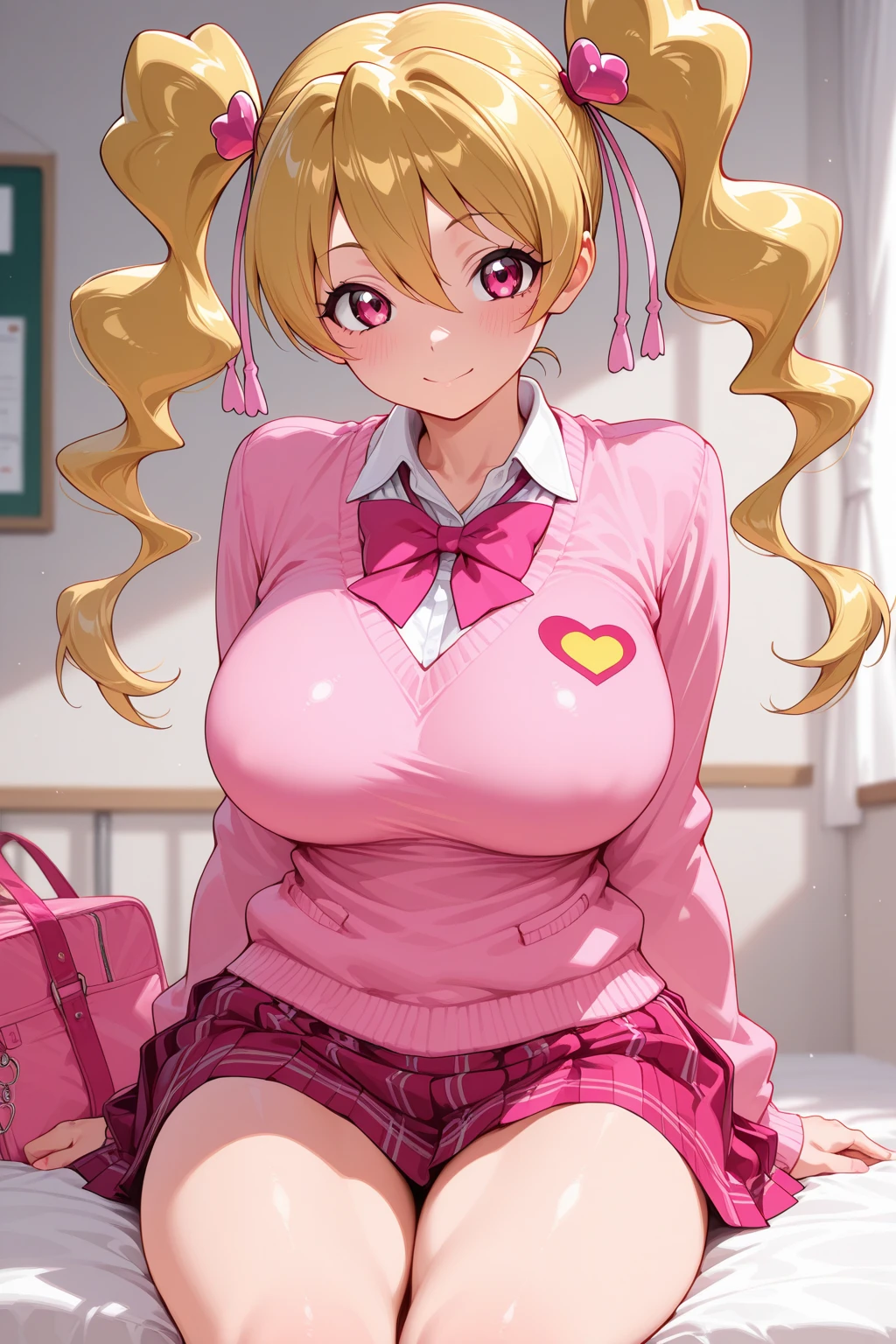 Kindergarten teacher with huge tits in a pink  giving classes, showing off 