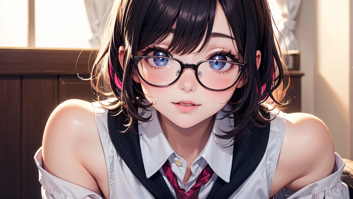 View your audience,Leaning forward,(Random cute clothes),(Random animation pose),(Thin type),(Large Breasts),(Random hairstyle),(Best image quality, (8K), Ultra-realistic, 最high quality, high quality, High resolution, high qualityの質感, Attention to detail, Beautiful details, Fine details, Extremely detailed CG, Detailed Texture, Realistic  expressions, masterpiece, in front),(Wearing glasses:1.1)