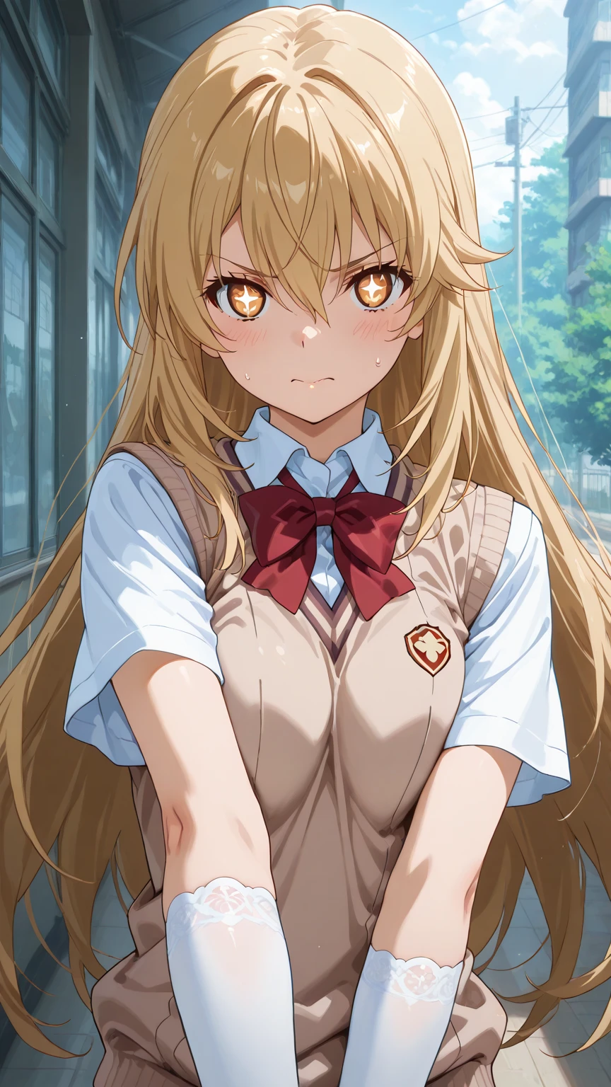 Anime girl, Shiina Mashiro, Mashiro, Anime Sakurasou, long blonde hair, orange eyes, unimpressive, , witch outfit, magic book, Wooden room, Pictures, posters