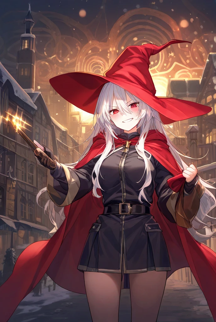 A white haired female witch with copper eyes and white fox ears and a white fox tail in a conservative witch's uniform is working with magic at night