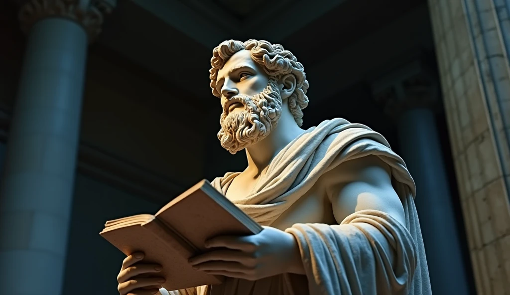 A realistic Greek white marble statue of Marcus Aurelius thoughtful detailed wearing a ghostly toga,neuter background, Moody, thoughtful, highly detailed, highly realistic, bright lights, 8 K