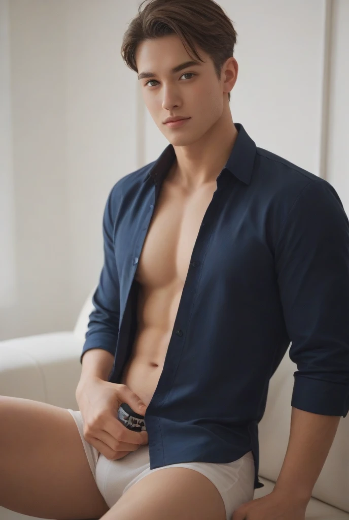 Masterpiece, Best quality, Solo,European Man,white wall background, skinny boy body, muscle body,sport body, big muscle, Handsome face,Black Hair Color,Natural eyes, athletic physique, slender, no body hair, He was wearing  Calvin Klein  and curved legs., perfect , male , correct male , perfect , male structure, short detailed hair, Sexy guy, looking at viewer, standing,highest detail, superior quality, natural lighting, beautiful, sexy, correct , good composition, man focus,amazing composition, front view, HDR, volumetric lighting, ultra quality, elegant,vpl,the middle of the picture