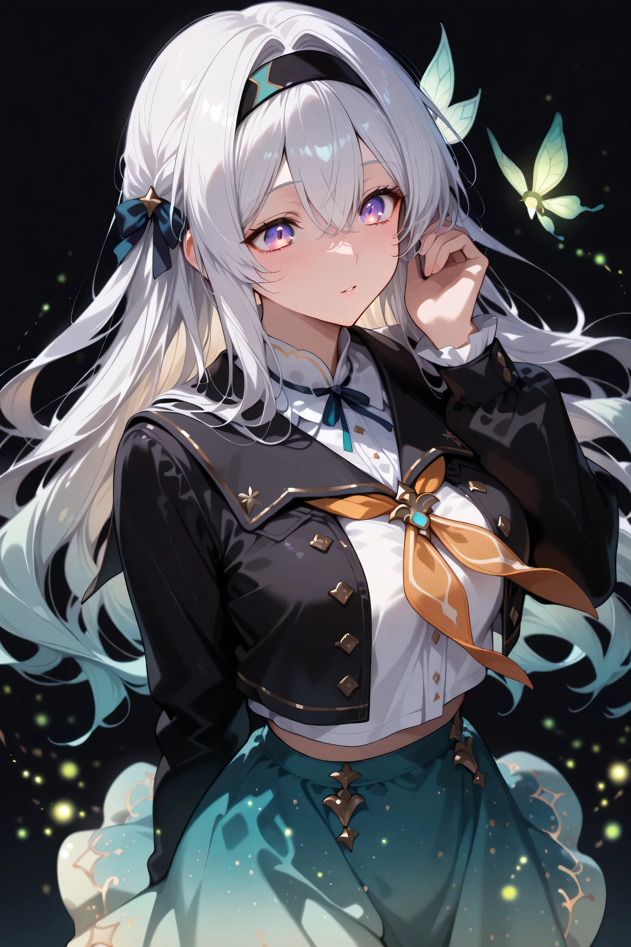 General Details: very detailed, very high resolution, exceptionally high resolution, exceptionally detailed, best quality, 3D artwork, perfect lighting and shading, perfect work, 1 girl, beautiful hands, perfect hands
Not  (): (:-1.5)
Clothing: clothing, (simple dark grey pleated short skirt:1.4), (shiny gold-buckled black leather belt:1.3), (dark blue bow tie:1.2), short sleeves, white shirt, white buttoned shirt
 Expression: small smile at the corner of the mouth, very sly eyes
Pose: standing, modeling, looking at the viewer
Character Traits: slender, kawaii, perfectly symmetrical face, soft pinkish cheeks, super cute girl, super cute face, exceptionally detailed eyes, exceptionally detailed hair, extremely cute, extremely beautiful
Background: stargazing field, night, dark, deep depth of field, exceptionally detailed background
Additional Physical Traits: large B-cup , wide , large thighs, beautiful long legs, , short
Hairstyle: (ahoge:1.2), (short bob with  bangs), one side ponytail on the left, hair between the eyes, pale yellow hair with white tips, bright purple eyes.