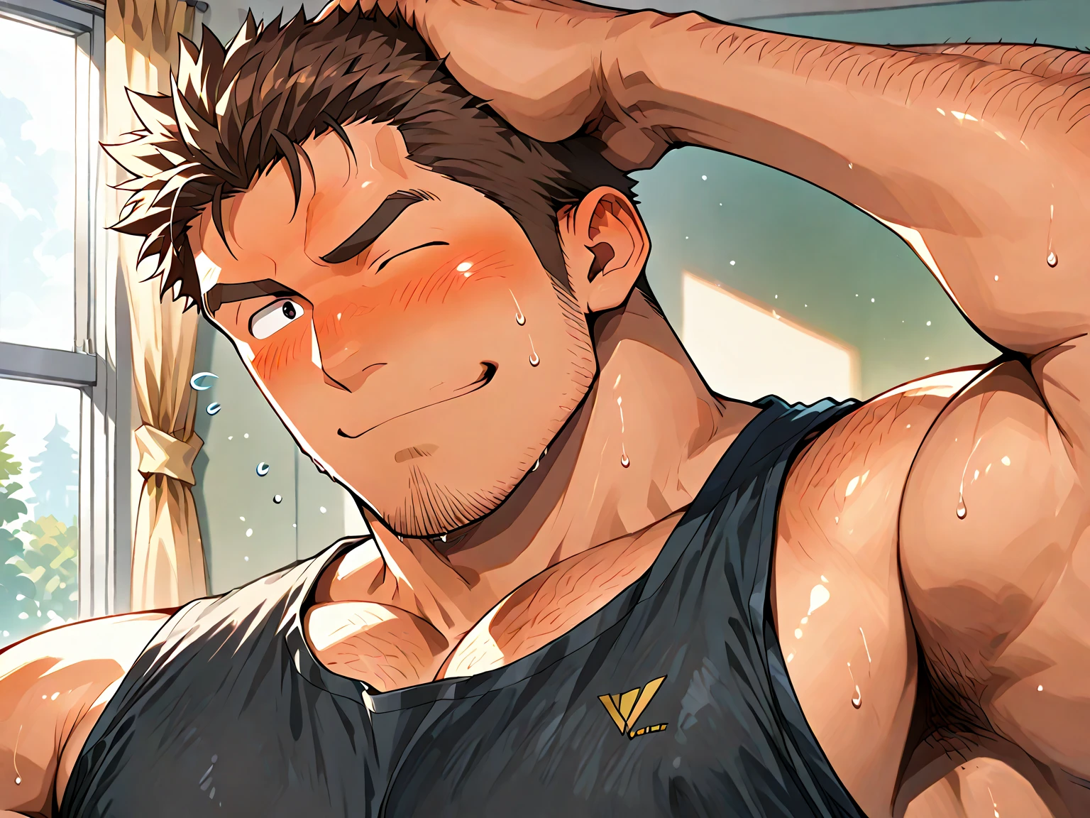 Highest quality、masterpiece、(muscular male:1.2)、(father:0.5)、Shaved head、Lifesaver、Happy face、(sweat:1.3)、(steam:1.1)、、3boys