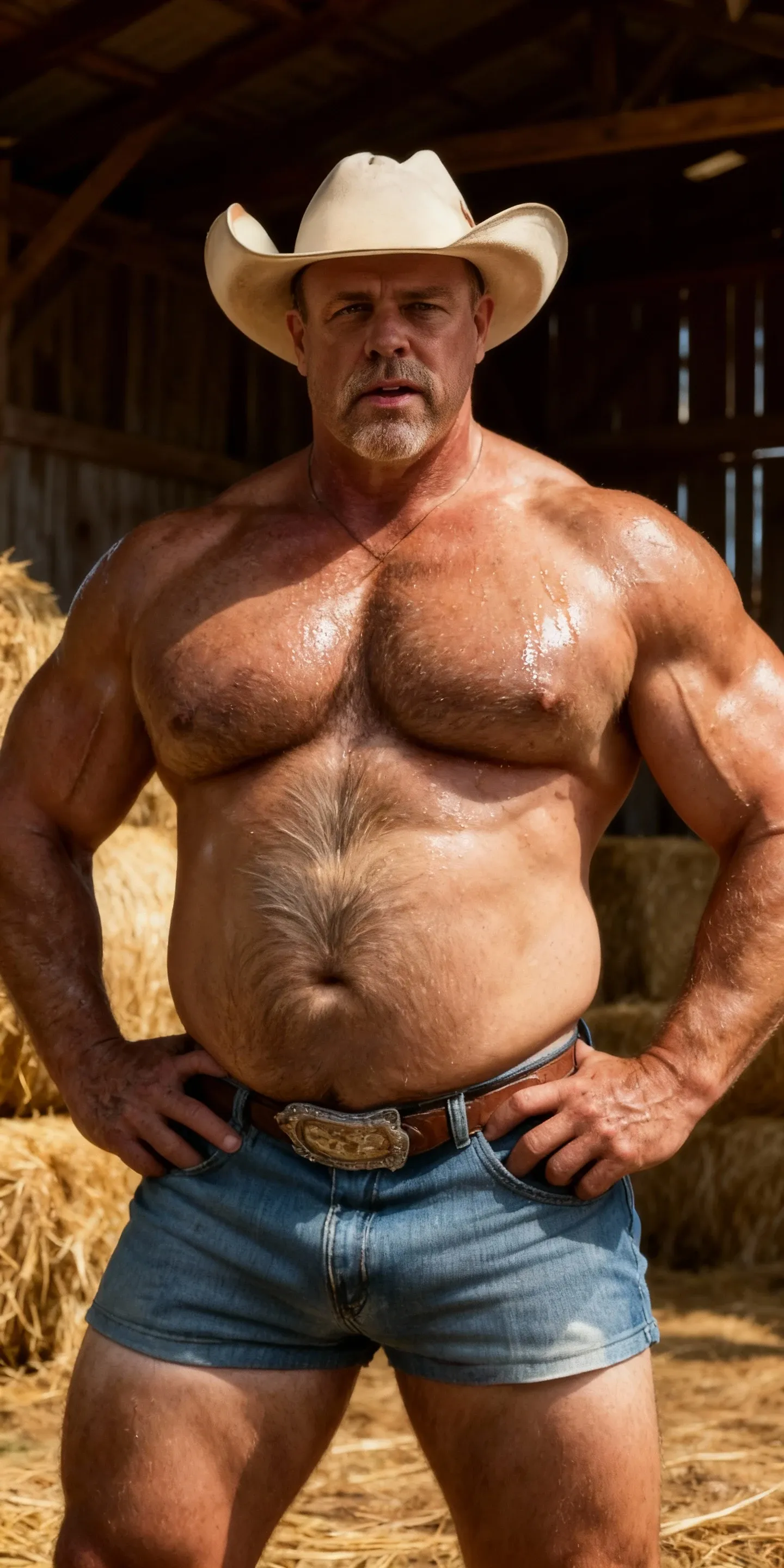  A shirtless blonde German peasant full body obese bodybuilder with a very sweaty body an extremely muscular and extremely fat old man over 70 years old weighing over 600 pounds very muscular very hairy large pecs with dark ??????? with gynecomastia on an orange plantation wearing a jean gardener in the rain 