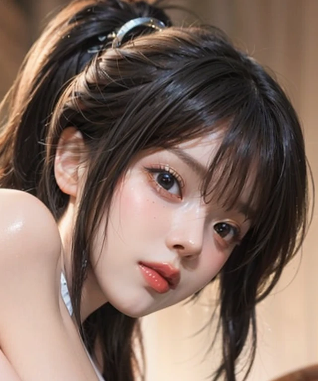 10 years old ,girl、Long twin tail hair、Mickey's Ear Headband。(Random ),,((Random exposure of ))。 Beautiful 。Thin Hair。In the vast snowy mountains、Detailed and complex background。Black Hair。Round face.Open your mouth and stick your out obscenely. Top view、Looking up pose