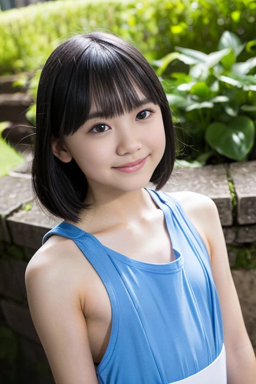 highest quality, High resolution, Realistic photo, Detailed skin texture, ((Cute 12 year old Japanese girl wearing a  short white camisole)), View your viewers, Slim figure, Attractive gaze, Fair skin, (Flat :1.2), Straight long hair, (:1.2), Smiling with teeth showing, In the park with cherry blossoms falling