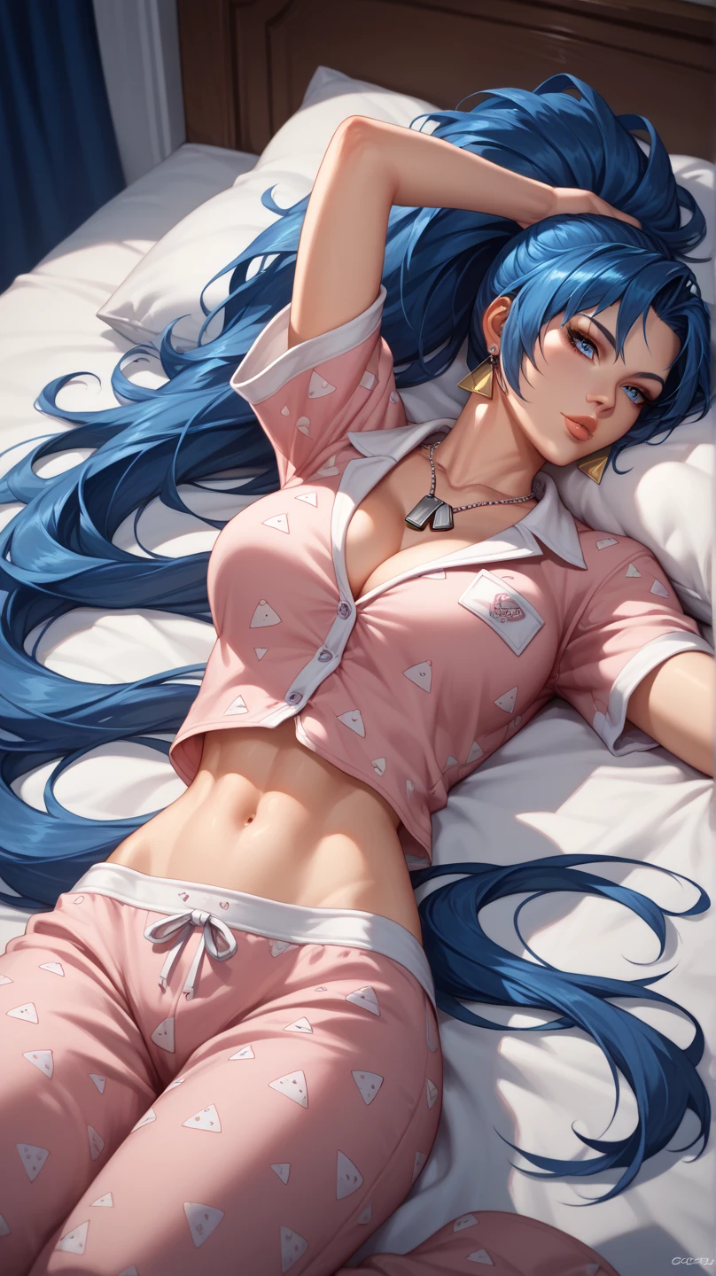 (masterpiece, best quality), best resolution, (2heads:1.5), 1girl, lying on a hotel bed, arms outstretched, blue hair, eyes closed, open mouth, relaxed, happy, yellow t-shirt, black long pants, view from above