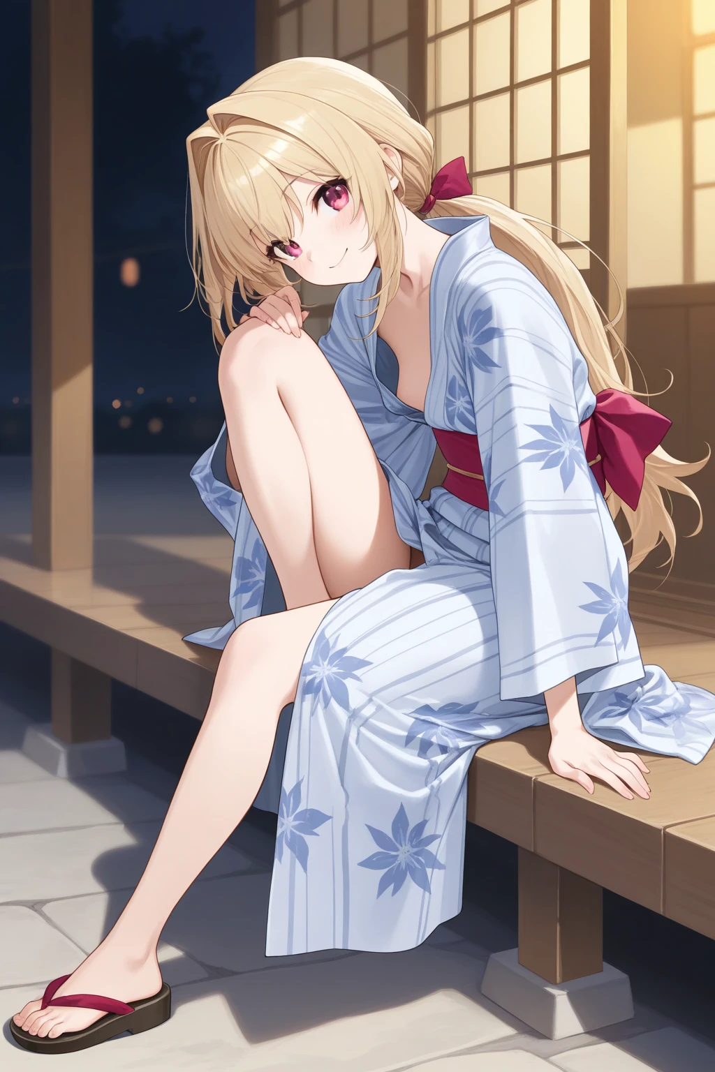 Inside,(night),Japanese-style room,steam,Rika Jougasaki,Yellow and orange hair hoop, yukata,,blush,,blush,(),((Small breasts)), ((((1boy,vaginale,, in ,Woman on top,Men are down)))),
