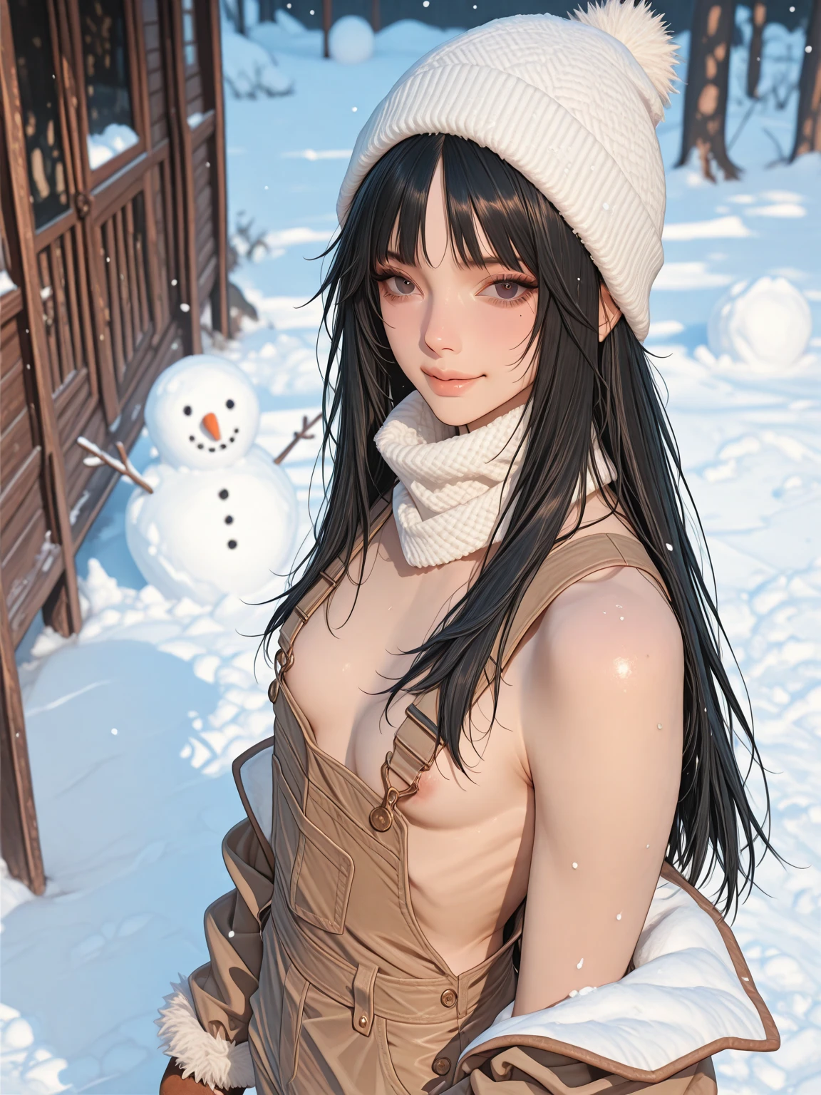 10 year old ,girl、Long twin tail hair、Bear Ear Headband。(Random )，，((Random exposure of ))。　Beautiful 。Fine hair。In the vast snowy mountains、Detailed and complex background。Black Hair。round face.