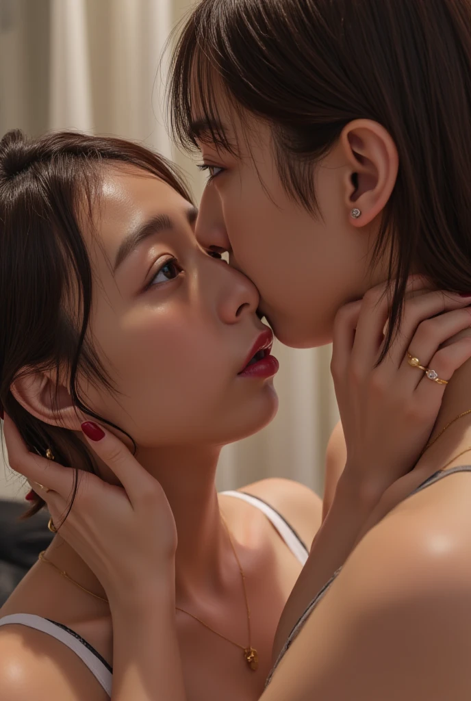 they are sitting on a bed and kissing each other, kissing each other, kiss mouth to mouth, kissing together cutely, reylo kissing, kissing together, lesbian kiss, kissing, couple kissing, they are in love, lesbians,  tongue, amazing background, amazing depth, bite her lip, spit flying from mouth, making out,  out