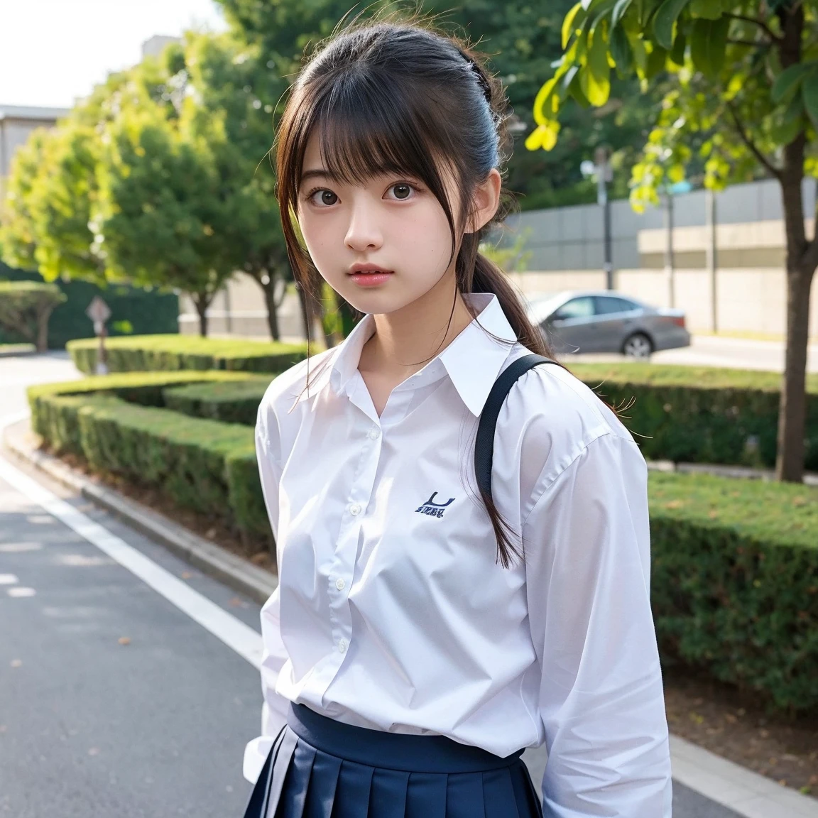 Ulzzang-6500-v1.1, (RAW Photos:1.2), (Realistic:1.4), Beautiful detailed girl, Very detailed eyes and face, Beautiful fine details, Beautiful legs、Ridiculous, Incredibly Ridiculous, Large file size, True Face、Super detailed, High resolution, Very detailed, highest quality, masterpiece, Kemomimi, ((Japanese Girls High School Uniform)), Face Light, Cinema Lighting, 1 girl,  (smile), (Dynamic pose))), Full length portrait of a high school girl standing in a bright city street。。She is wearing black loafers on her feet.、The shoes are clearly visible in the bright sunlight.。Behind him are tall buildings and people passing by.々You can see。Her expression is positive and confident。