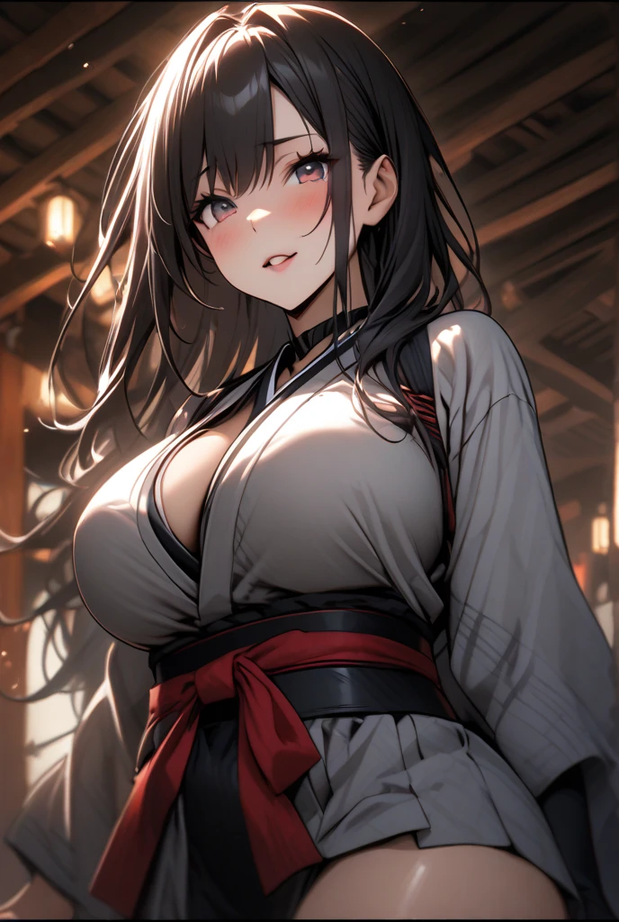 (masterpiece), (best quality), (Detail: 1.4) asaemon_sagiri, 1girl, solo, long_hair,  posture with katana, katana japanese, white kimono with open breasts,wet cloths, open underwears,  out, heavy breathing, looking_at_viewer, black_hair, brown_eyes, upper_body, ponytail, sidelocks, japanese_clothes, kimono, , high_ponytail, black haori, bed,