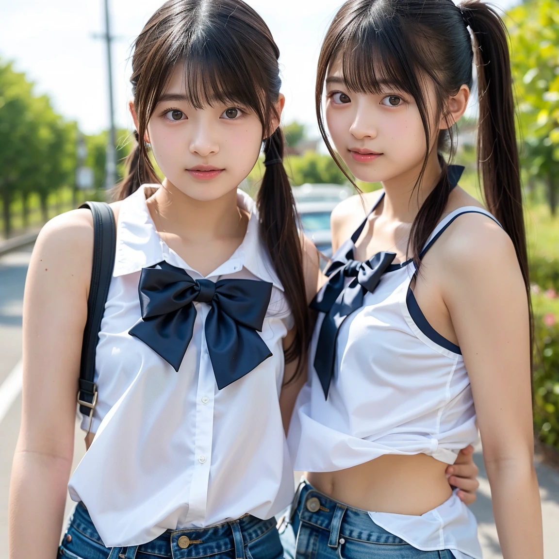 two girls standing in the park,Plain white school gym shirt with navy blue trim,Navy blue speed briefs,Red headband,White headband,18-year-old,bangs,A small smile,Thighs,knees,Straight hair with barrette,From below,Front light, White  visible through the skirt、((Lift the hem of the skirt with both hands to reveal the ))、Cute like an entertainer