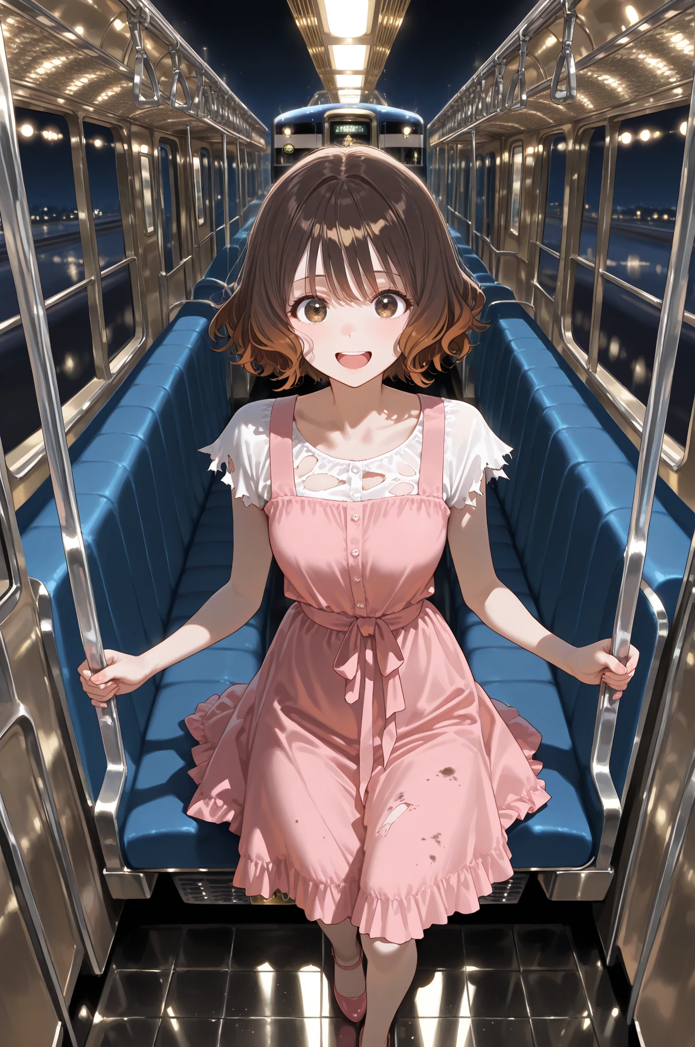 4K,One Girl, MS. end,thin,Very short stature,Very thin thighs,Blunt bangs,Short dress shirt, Half sleeves,Red Suspender ,blush, smile, Bobcut, Black Hair,Vibrant colors, ,A lot of drips down her thighs onto the floor,(remote_play)),remote-vibrating-egg,((Someone else's hand holding a pink round remote control:1.3))、Ecstatic expression,Accurate and detailed female fingers,,blush,,masterpiece,12yo,