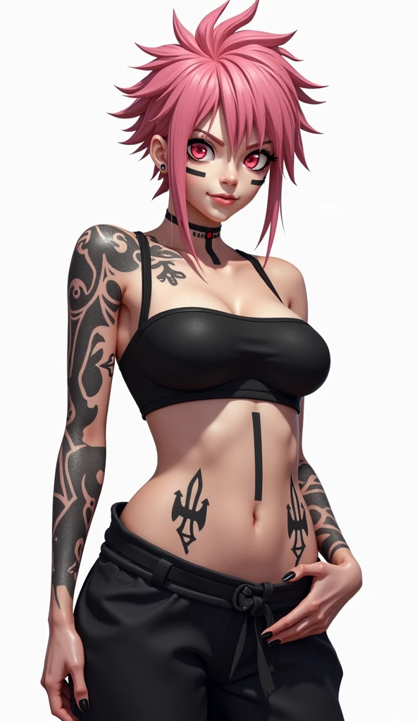 Attractive woman, voluptuous woman, many tattoos on her body, dark green and pink multicolored hair, short side-cut hair, futuristic cyberpunk style in the background, 2D DRAWING, 2D ART