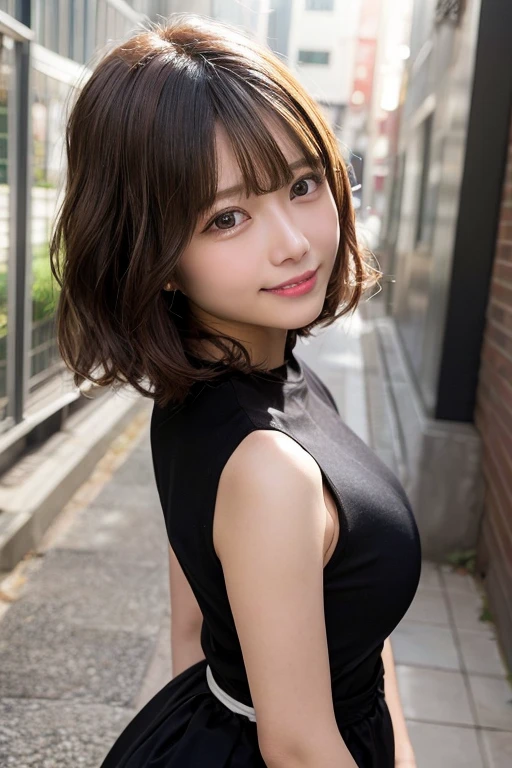 masutepiece, Best Quality, Illustration, Ultra-detailed, finely detail, hight resolution, 8K Wallpaper, Perfect dynamic composition, Beautiful detailed eyes, doress, mid-chest, Natural Color Lip, Random and sexy poses,Smile,Aoyama Street Walk、20 years girl、bobhair,Short hairstyle、Loose curly hair